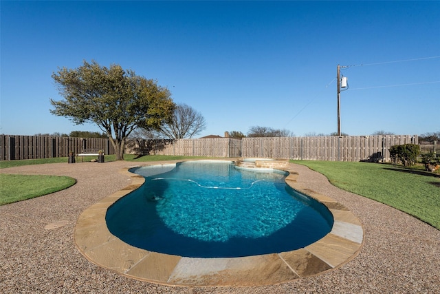 view of pool featuring a fenced in pool, a lawn, and a fenced backyard