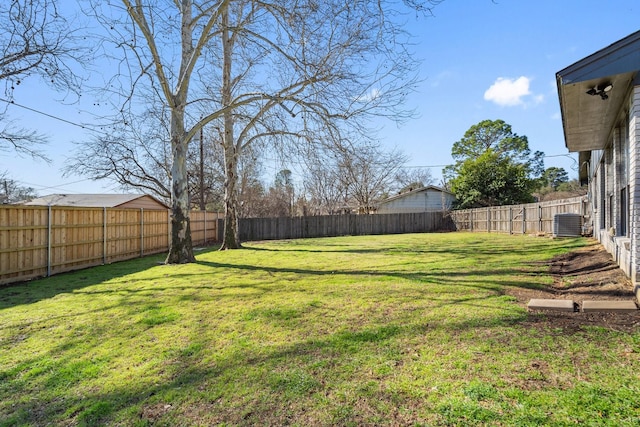 view of yard featuring central air condition unit and a fenced backyard