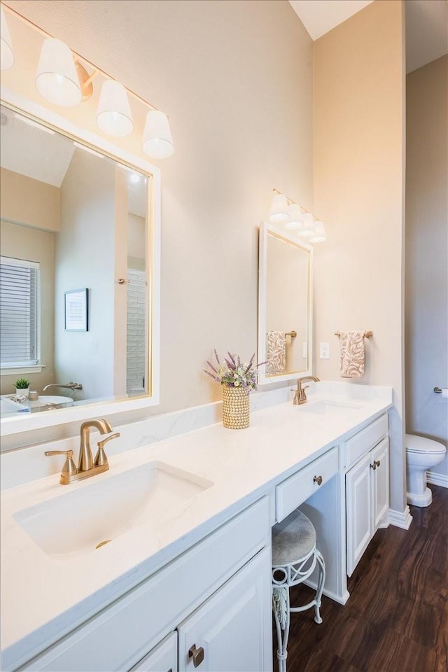 bathroom featuring double vanity, toilet, wood finished floors, and a sink