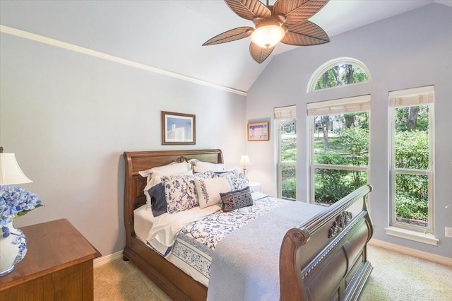 bedroom with lofted ceiling, baseboards, carpet floors, and ceiling fan