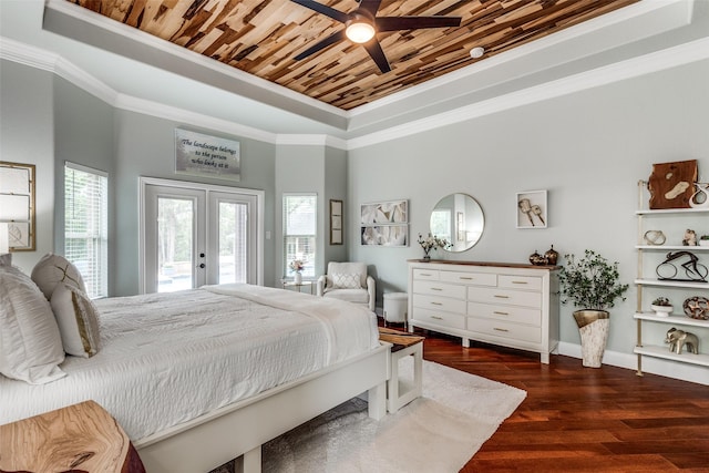 bedroom with a raised ceiling, access to outside, wood ceiling, and crown molding