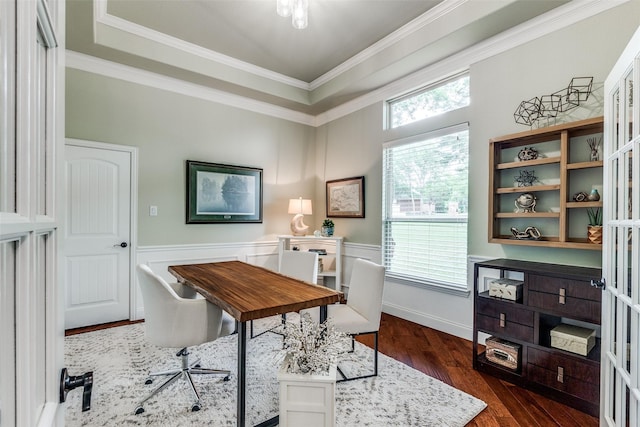 office space featuring wainscoting, ornamental molding, a raised ceiling, and dark wood-style flooring