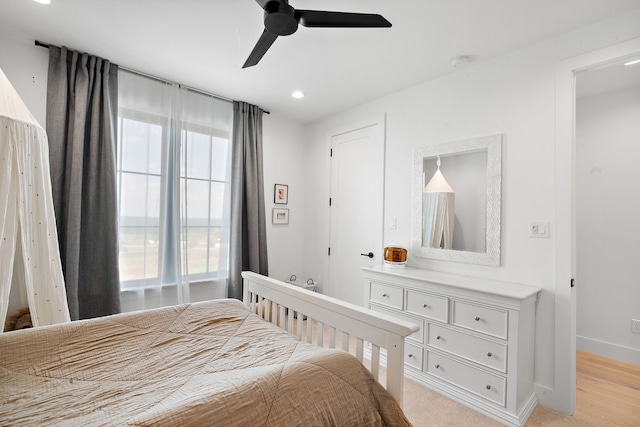 bedroom with recessed lighting, a ceiling fan, and baseboards