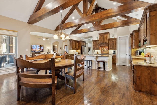 dining area featuring beam ceiling, ceiling fan with notable chandelier, high vaulted ceiling, and dark wood-type flooring