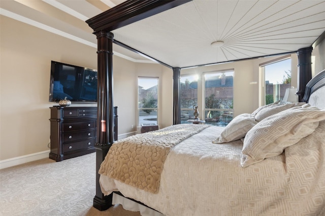 bedroom featuring crown molding, access to outside, carpet flooring, and baseboards