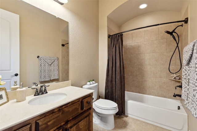 full bathroom with tile patterned flooring, toilet, vanity, and shower / bathtub combination with curtain