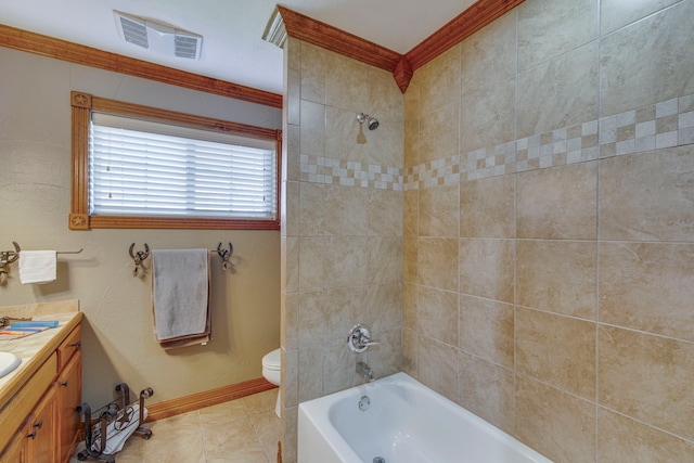 full bathroom with vanity, visible vents, tile patterned flooring, shower / bathing tub combination, and toilet