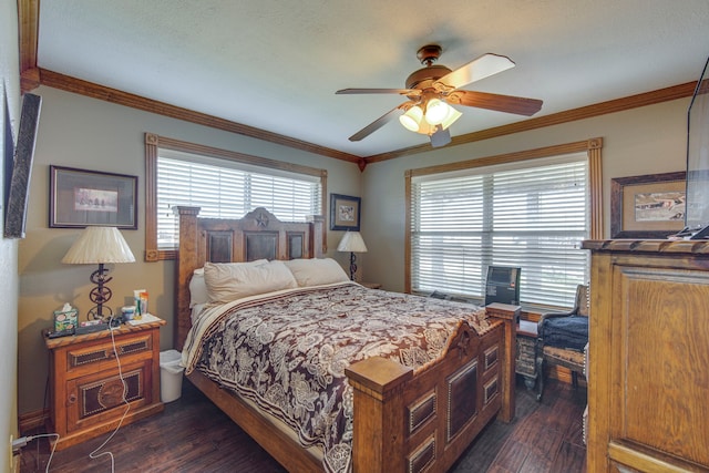 bedroom with crown molding, a ceiling fan, and dark wood-style flooring