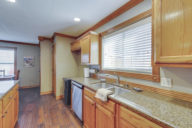 kitchen with crown molding, baseboards, dark wood finished floors, stainless steel dishwasher, and a sink