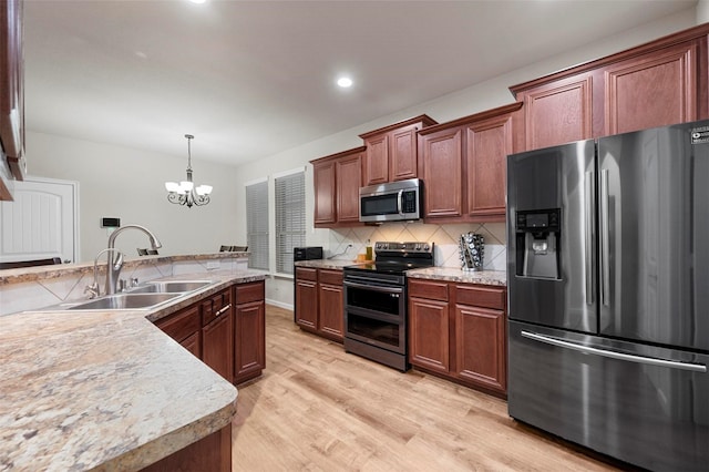 kitchen featuring light wood finished floors, a sink, decorative backsplash, light countertops, and stainless steel appliances