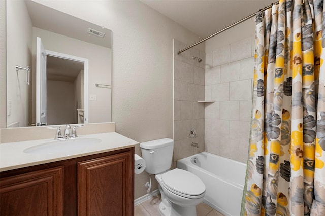 full bath with vanity, visible vents, shower / bath combo, tile patterned flooring, and toilet