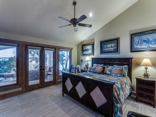 carpeted bedroom with vaulted ceiling, french doors, a ceiling fan, and access to outside