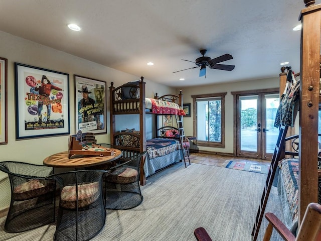 bedroom featuring recessed lighting, french doors, and access to outside