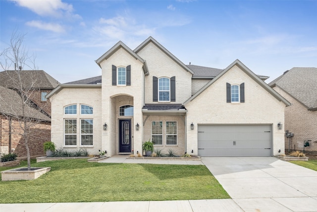 french country home with a front lawn, driveway, an attached garage, a shingled roof, and brick siding