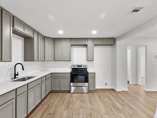 kitchen with visible vents, gray cabinets, a sink, stainless steel electric stove, and light wood-style floors