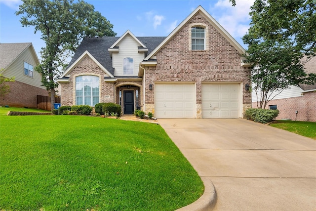 traditional home with a front yard, concrete driveway, brick siding, and a shingled roof