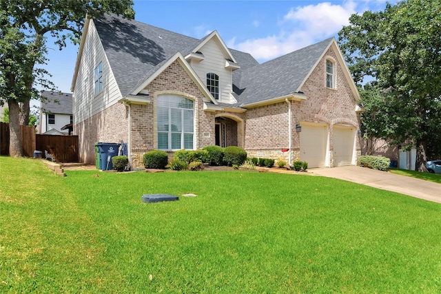 view of front of home with brick siding, a front lawn, fence, concrete driveway, and roof with shingles