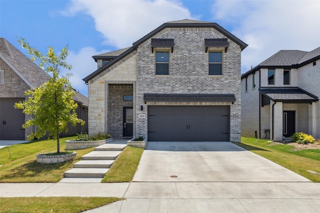 view of front facade with brick siding, a front lawn, concrete driveway, stone siding, and an attached garage