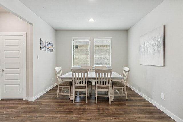 dining space featuring recessed lighting, baseboards, and dark wood-style flooring