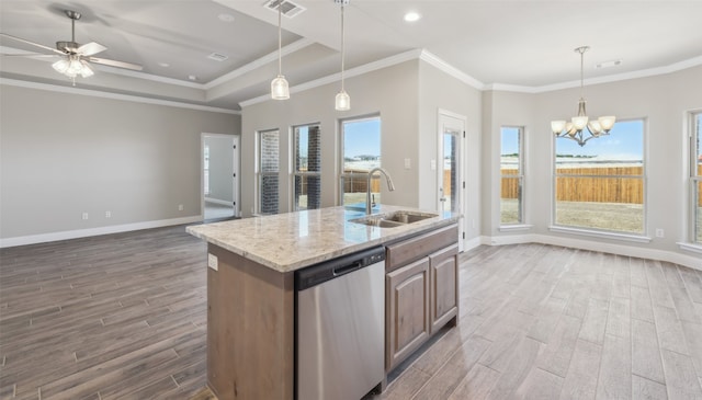 kitchen featuring visible vents, a sink, stainless steel dishwasher, dark wood-style floors, and open floor plan