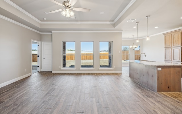 kitchen featuring visible vents, open floor plan, wood finished floors, a raised ceiling, and a sink