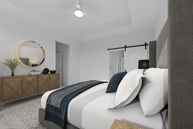 bedroom featuring a barn door, a raised ceiling, light colored carpet, and ornamental molding