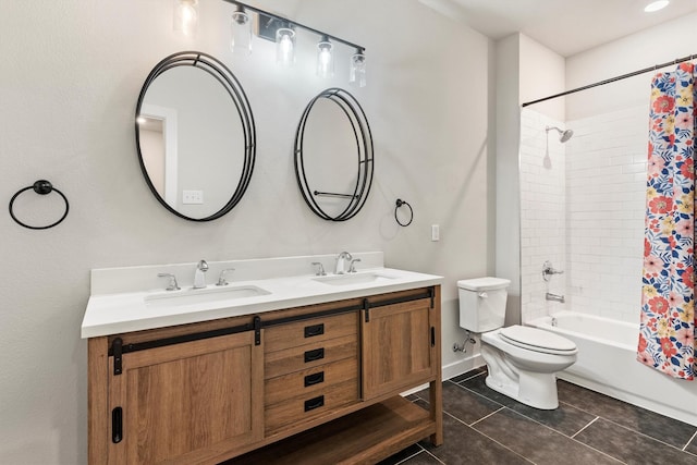 bathroom featuring a sink, tile patterned floors, double vanity, and shower / bath combo with shower curtain