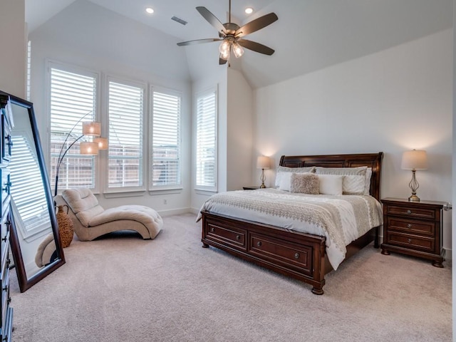 carpeted bedroom with visible vents, baseboards, ceiling fan, lofted ceiling, and recessed lighting