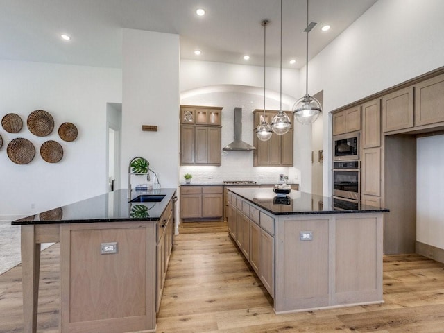 kitchen with a sink, a large island, wall chimney exhaust hood, and stainless steel appliances