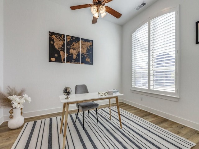 office with visible vents, baseboards, and wood finished floors