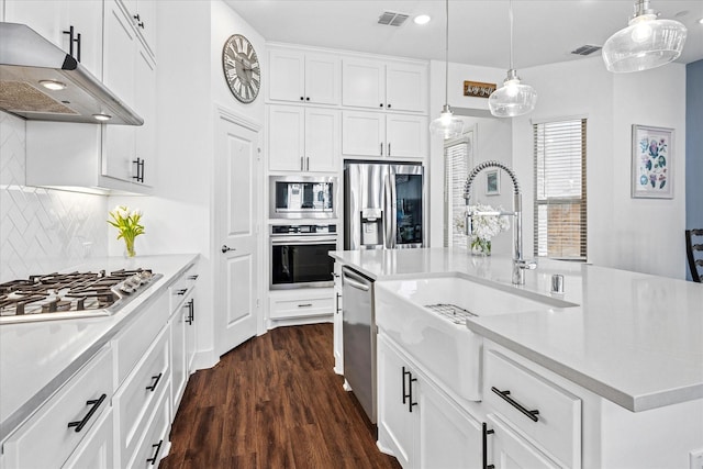 kitchen with visible vents, dark wood-type flooring, under cabinet range hood, a sink, and stainless steel appliances