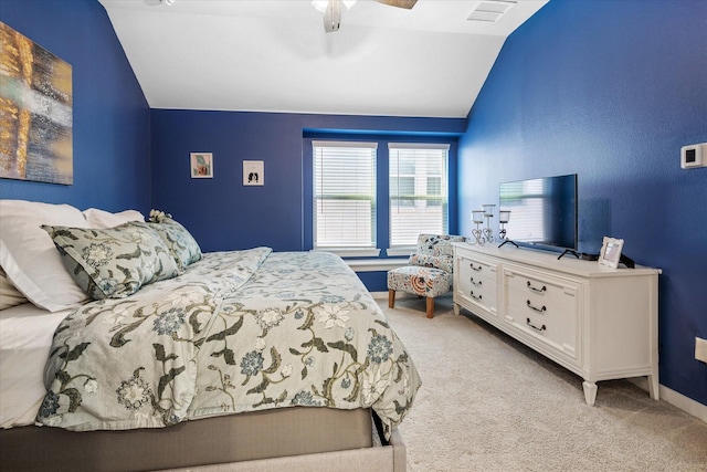 bedroom featuring visible vents, lofted ceiling, carpet floors, baseboards, and ceiling fan