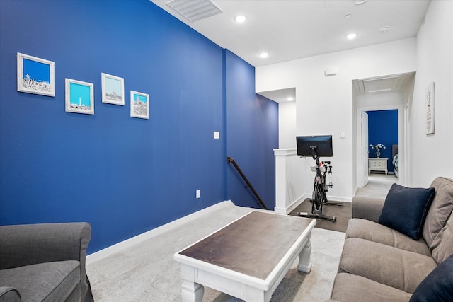 living room featuring recessed lighting, visible vents, baseboards, and attic access