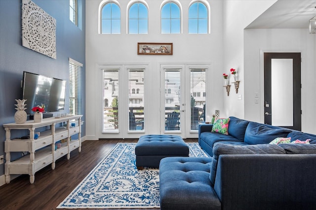 living area featuring a wealth of natural light, french doors, baseboards, and dark wood-style flooring