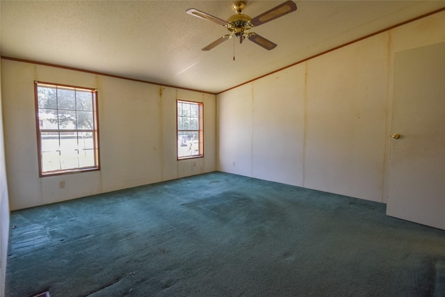 carpeted spare room with a textured ceiling, lofted ceiling, a ceiling fan, and ornamental molding