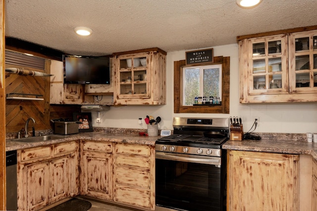 1719 E Bankhead Dr, Weatherford, TX 76086 - kitchen with stainless steel appliances, a sink, a textured ceiling, glass insert cabinets, and dark countertops