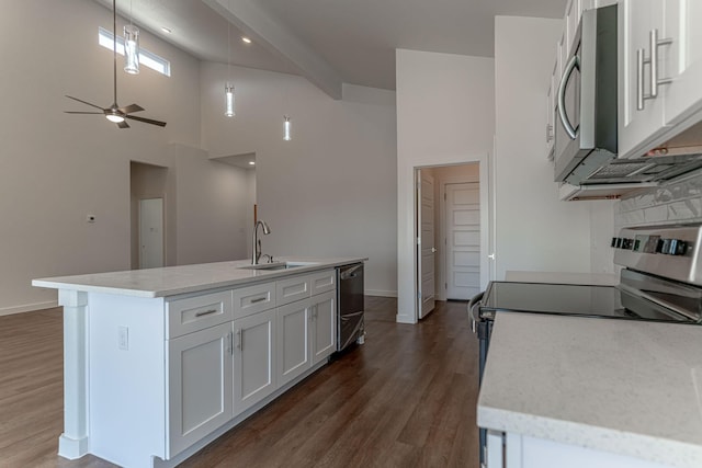 kitchen featuring a ceiling fan, dark wood finished floors, a sink, stainless steel appliances, and white cabinets