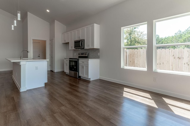 kitchen featuring backsplash, dark wood finished floors, white cabinets, stainless steel appliances, and a sink