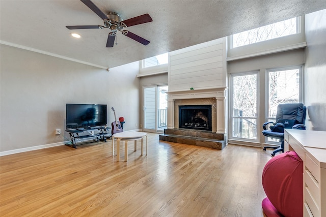 living area featuring baseboards, a textured ceiling, a healthy amount of sunlight, and wood finished floors