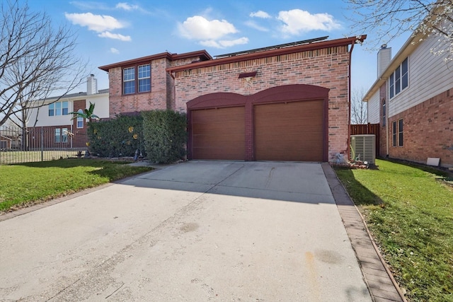 view of front of house with a front lawn, cooling unit, fence, and brick siding