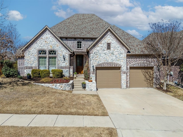 french country style house featuring an attached garage, roof with shingles, and driveway