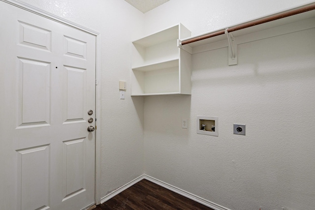 laundry area featuring electric dryer hookup, dark wood-type flooring, washer hookup, baseboards, and laundry area