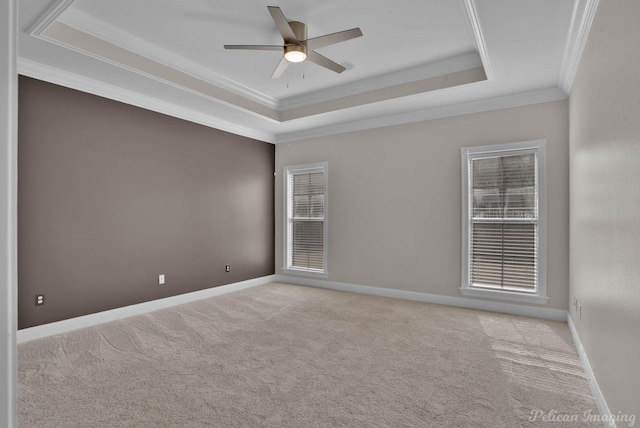 empty room featuring a raised ceiling, crown molding, carpet, and baseboards