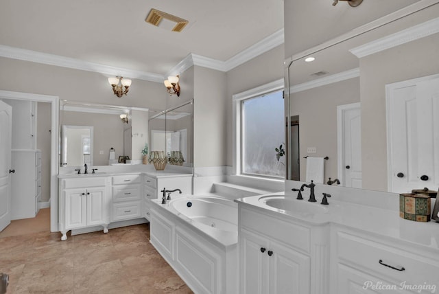 full bath with ornamental molding, visible vents, and a sink