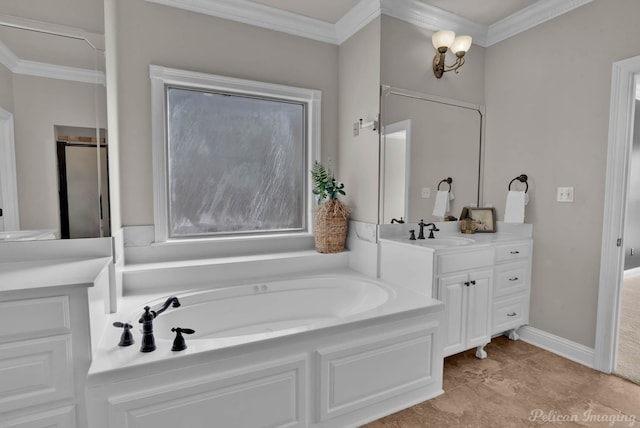 full bath with a garden tub, baseboards, vanity, and crown molding