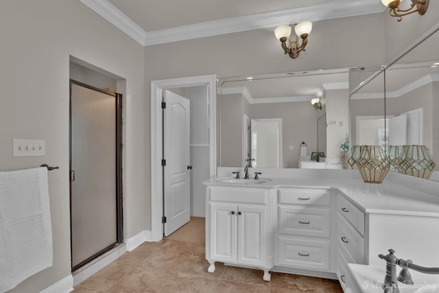 bathroom with baseboards, a stall shower, vanity, and ornamental molding