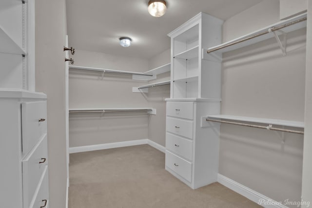 spacious closet featuring light carpet