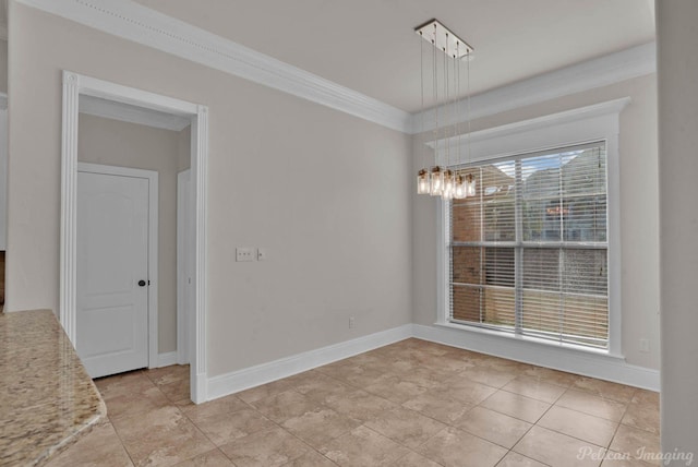 unfurnished dining area featuring crown molding, a notable chandelier, baseboards, and light tile patterned floors