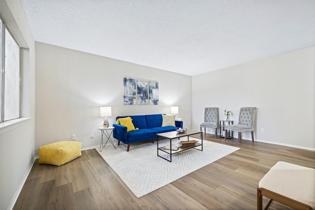 living room featuring baseboards, a textured ceiling, and wood finished floors