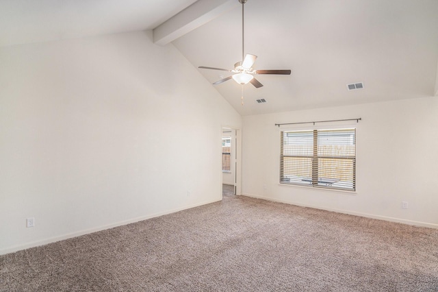 carpeted spare room featuring ceiling fan, beamed ceiling, visible vents, and high vaulted ceiling